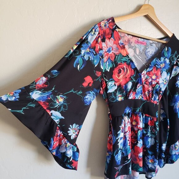 Betsey Johnson Dark Floral Bell Sleeve V-Neck Blouse Black L/XL Tie Waist Kimono - Picture 6 of 12